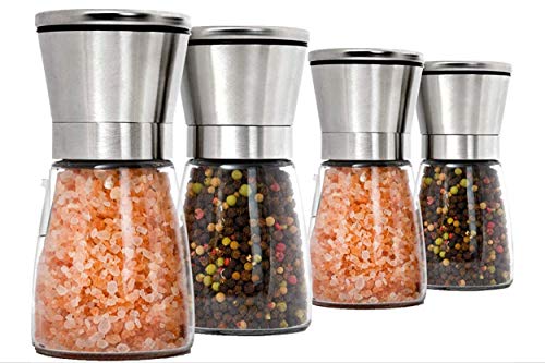 HOME EC Premium Stainless Steel Salt and Pepper Grinder Set of 4  Adjustable Ceramic Sea Salt Grinder  Pepper Grinder  Glass Salt and Pepper Shakers  Pepper Mill  Salt Mill WFunnel  EBook