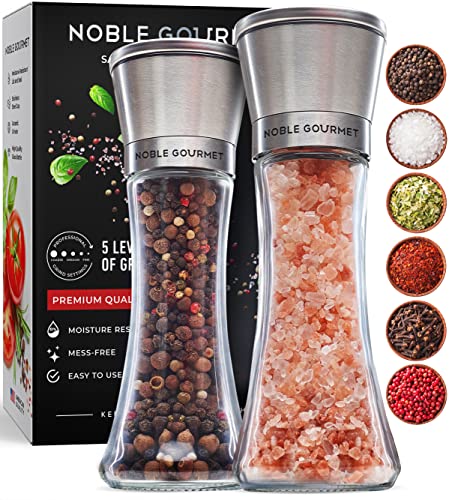 Salt  Pepper Grinder Set of 2  Refillable Mills  Shakers  For Pink Himalayan  Sea Salt Black Peppercorn Spices  Stainless Steel Large Glass  Adjustable Ceramic Coarse  Premium Gift Box Pack