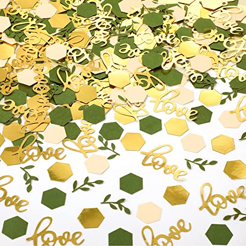 400 Pcs Wedding Confetti Decorations Sage Olive Green Confetti Romantic Table Confetti Dots with Eucalyptus and Gold Love Confetti for Wedding Decor