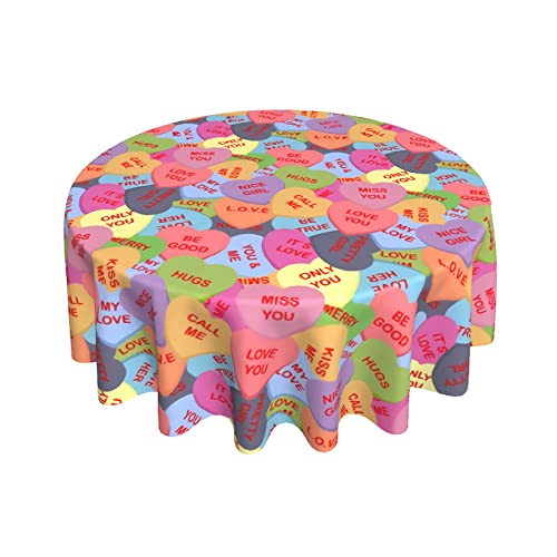 Colorful Candy Hearts Round Table ClothCute Love Candy Round Tablecloth 60 Inch Decorative Fabric Table Cover for Dining Table Buffet Parties