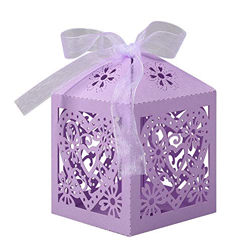 Lucky Monet 2550100PCS Love Heart Laser Cut Wedding Candy Gift Box Chocolate Box for Wedding Favor Birthday Party Bridal Shower with Ribbon (100pcs Lavender)