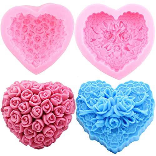 Mujiang 3D Rose Flower Silicone Mold Love Heart Candy Fondant Mold for DIY Cake Decorating Candy Polymer Clay Chocolate Gum Paste Soap Candle Making Set of 2