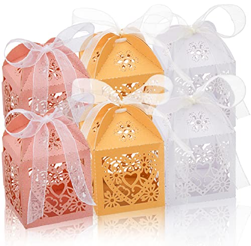 Yesland 150 Pcs Love Heart Laser Cut Boxes  2 x 2 x 2 Inch Favor Boxes with 150 Ribbons Lace Candy Boxes for Wedding Bridal Shower Baby Shower (White Pink Gold)
