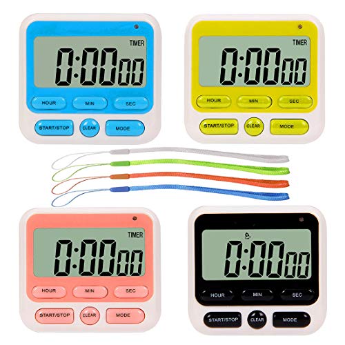 24Hours Digital Kitchen Timer Upgraded 12Hour Display Clock Big Digits Loud Alarm Magnetic Backing Stand CountUp  Count Down Kids Timers for Cooking Baking Classroom Teachers Games(4 Pack)