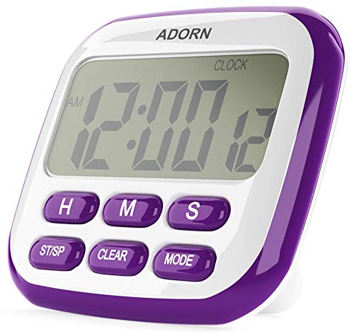 Adorn Kitchen Timer 24Hours Digital Timer Multifunctional with Clock for Cooking Loud Alarm  Strong Magnet CountUp  Down for Kitchen Baking Sports Games Office (Battery Included) (Purple)