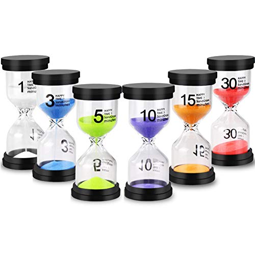 EMDMAK Sand Timer Colorful Hourglass Sandglass Timer 1 min3 mins5 mins10 mins15 mins30 mins Sand Clock Timer for Games Classroom Home Office(Pack of 6)