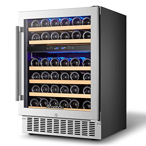 AAOBOSI 24 Inch Dual Zone Wine Cooler Freestanding and Built in Wine Refrigerator with Advanced Cooling System Quiet Operation Blue Interior Light