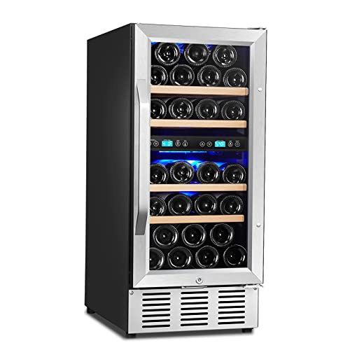 Karcassin Wine Cooler 15 Inch Wine Refrigerator Dual Zone 30 Bottle With Stainless Steel Tempered Glass Door Freestanding or Builtin Fit Champagne Bottle
