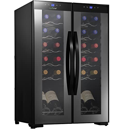 NutriChef PKCWC240 Dual Zone Cooler for White and Red Wines Chiller Freestanding Compact Countertop Mini Fridge 24 Bottle wDigital Control Black