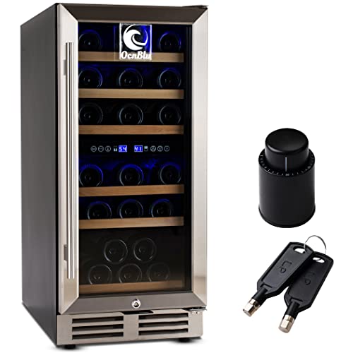 OCNBLU Wine Cellar 34  100L Beverage Refrigerator for 30 Bottles  DualZone Drink Fridge with Cooling Fan Touchpad Control LED Display  Lights Full Glass Doors Beech Wood Rails