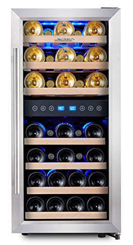 Phiestina Dual Zone Wine Cooler Refrigerator  33 Bottle Free Standing Compressor Fridge and Chiller for Red and White Wines  16 Glass Door Wine Refrigerator with Digital Memory Temperature Control