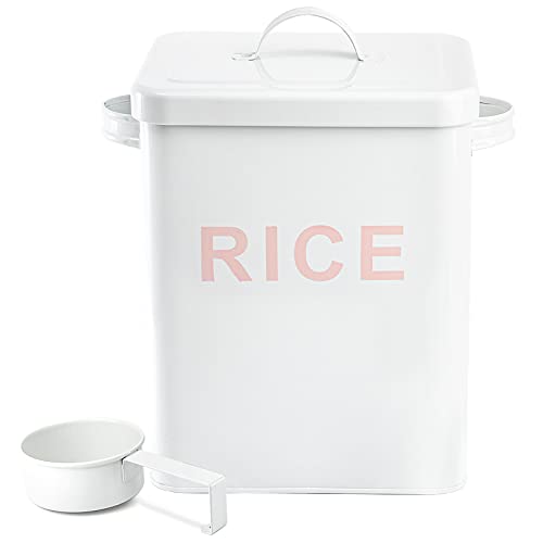 YOUEON 10 Lbs Metal Rice Storage Container Squre Rice Canister with Lid and Measuring Scoop Countertop Sealed Food Storage Container for Cereal Beans Pet Food White