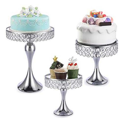 BSTKEY Set of 3 Crystal Wedding Cake Stands Set Silver Round Metal Cupcake Stand Dessert Stand Cake Display Stand with Mirror Top Plate for Parties Birthday Baking Party Baby Showers (81012 inch)