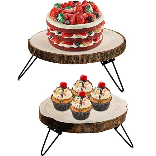 DEAYOU 2 Pack Rustic Wood Cake Stand 9 12 Round Wooden Cupcake Pedestal Paulownia Wood Slice Pie Stand with Metal Leg Wedding Cake Holder Slab Tray for Display Dessert Table Candles Plants