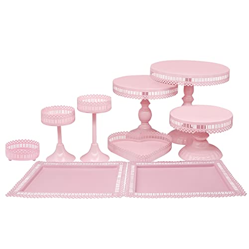Set of 9 Pcs Metal Cake Stand Set and Pastry Trays Metal Cupcake Stands Set Holder Fruits Dessert Display Plate for Baby Shower Wedding Birthday Party Event Celebration (Pink)
