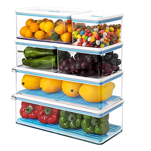 MineSign 6 Pack Stackable Fridge Organizers and Storage Clear Refrigerator Organizer Bins With Vented Lids And Drainer Plastic Container for Fruit Lettuce Produce Saver Keeper for Freezer Kitchen