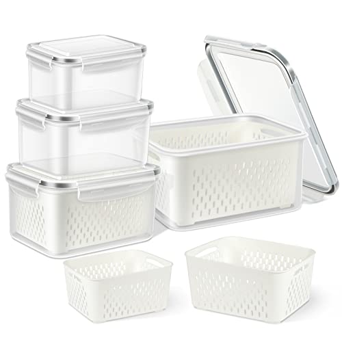 TBMax Fruit Vegetable Storage Containers for Fridge  4 Pack Large Produce Saver Containers Refrigerator Organizer Bins Plastic Produce Keepers with Lid  Colander for Salad Berry Lettuce Storage