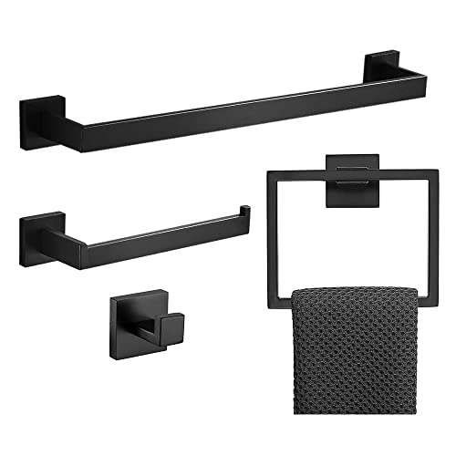 4Piece Bathroom Hardware Accessories Set Towel Bar Sets Include Towel Bar Towel Holder Toilet Paper Holder Towel Hook16 inch Bath Accessories Kit，Matte Black