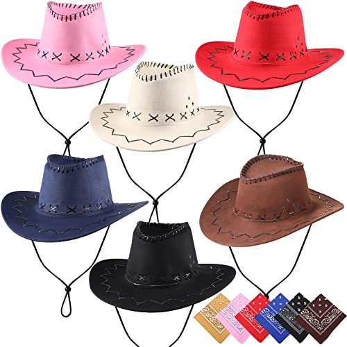 6 Set Cowboy Party Hats Western Cowboy Hat Costume Polyester Bandanas Headbands Cowboy Hats Party Pack Mens and Woman Square Scarf for Costume Party (Bright Colors Vintage Style)