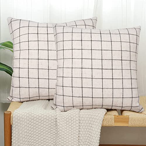 Basic Model Set of 2 Plaid Throw Pillow Covers Striped Square Linen Pillowcases Decorative Cushion Cover for Sofa (Checkered5 20 x 20 Inch)