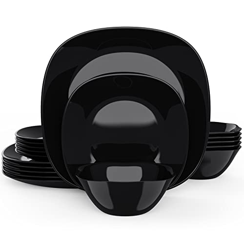 Black Dinnerware Set MEKY 18PCS Kitchen Dinner Set Service for 6 Safety for Dishwasher Square Glass PlatesDishes Bowls Set