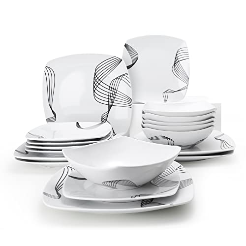 Square Dinnerware Sets for 6 18Piece Plates and Bowls Set Kitchen Dinnerware Set with Simple Lines Dishwasher Microwave Safe Chip Resistant (Line Spectrum)