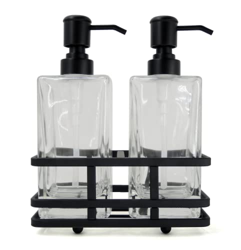 Square Glass Clear Lotion and Soap Pump Dispenser Set with Metal Stand Caddy for Bathroom Bath Kitchen Home Office Travel Hotel Hand Crafted Heavy Weight