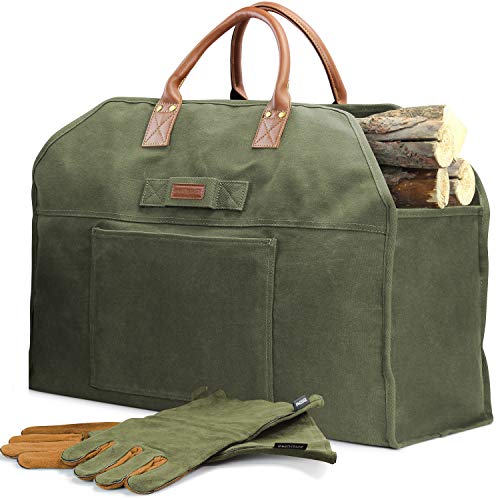 INNO STAGE Firewood Log Carrier Bag Waxed Canvas Tote Holder with Fireplace Pure Leather Gloves Set for Camping BBQ Barbecue Green Bag