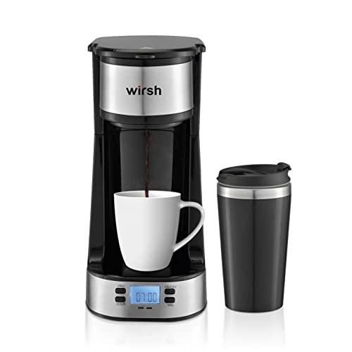 Single Serve Coffee Maker Wirsh Coffee Maker with Programmable Timer and LCD display Single Cup Coffee Maker with 14 ozTravel Mug and Reusable Filter (with Mug)