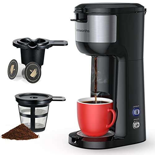 Single Serve Coffee Maker for K Cup and Ground Coffee 6 to 14 Oz Brew Sizes Fits Travel Mug Mini One Cup Coffee Maker with Selfcleaning Function Black