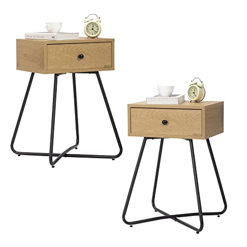 JAXPETY Set of 2 Modern Wood Nightstands with Drawer Side Table End Table with Cross Legs for Small Spaces Living Room Bedroom Office Home Light Brown