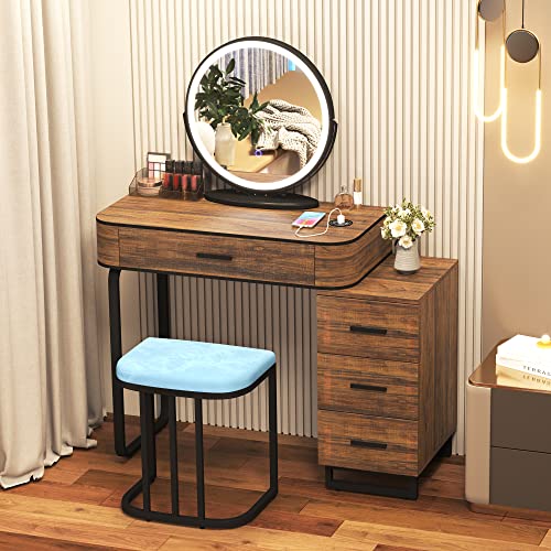 LVSOMT Vanity Desk with 3Color Touch Screen Lighted Mirror Makeup Vanity Table Set with Lights  Charging Station 4 Drawers Dressing Table with Stool for Women Girls (Brown)
