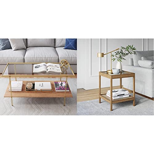 Nathan James Asher MidCentury Rectangle Coffee Table Glass Top and Wood Finish Storage Shelf with Metal Legs Gold  Amalia Solid Wood Legs Accent End or Side Table Light BrownGlass