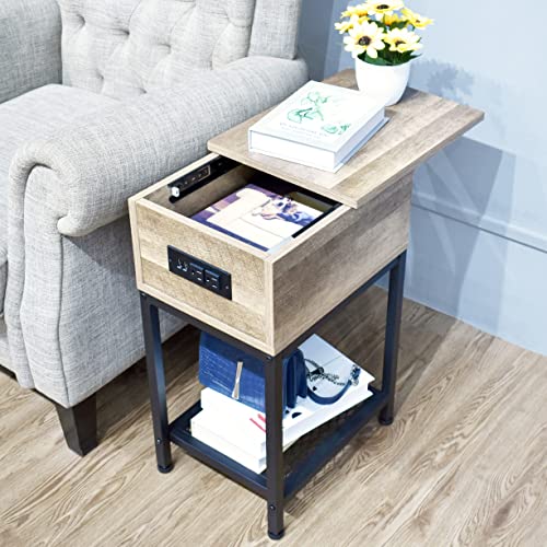 Nightstand with Charging Station USB Outlet Narrow End Table with Storage Open Shelf Couch Side Table Slide Top Wood  Metal Modern Nightstand with Drawer for Bedroom Living Room Dorm Light Brown