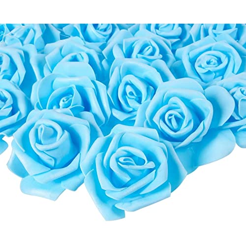100 Pack Light Blue Artificial Rose Flower Heads 3Inch Stemless Flowers for Weddings Bouquets DIY Crafts