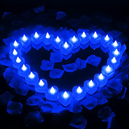 1000 Pieces Artificial Rose Petal with 24 Pieces Romantic Heart LED Candle Flameless Romantic Love LED Tealight Candle for Romantic Night Valentines Day Anniversary Wedding Table Decor (Blue)