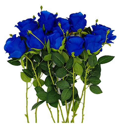 Another Gifts Artificial Silk Rose Flower Bouquet Home Decor Wedding Party Garden Pack of 10 (Royal Blue)