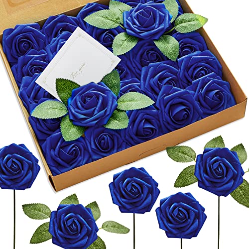 Dukuge Artificial Rose Flowers 25PCS Realistc Royal Blue Foam Faux Rose with Foldable Stem 2PCS Greenery for DIY Flower Arrangement Wedding Bridal Bouquets Shower Centerpieces Party Tables Home Decor