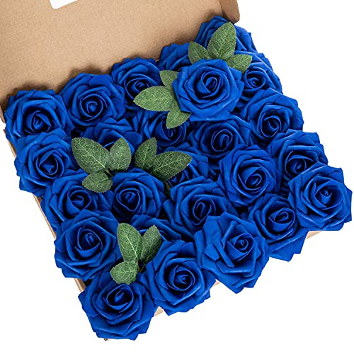 Exoment 25pcs Artificial Flower Foam Rose Real Touch Roses Flower Heads with Stem for DIY Wedding Bouquets Centerpieces Arrangements Party Baby Shower Home Decor (Royal Blue)