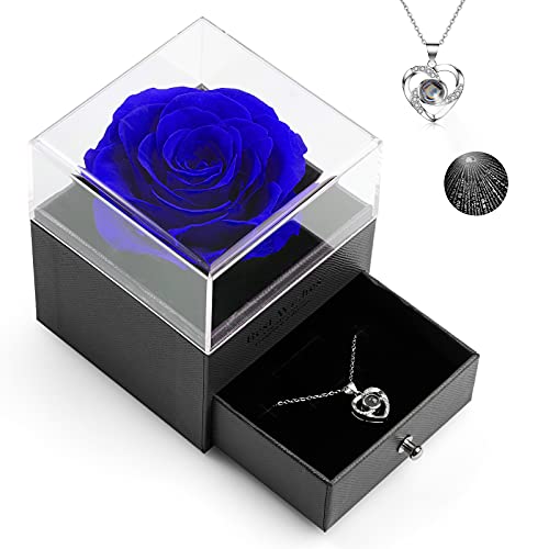 Feeyowi Preserved Real Rose with Heart Necklace and Greeting Card Forever Gifts for WomenMomHerGirlfriendWifeValentines DayBirthdayAnniversaryThanksgivingChristmas Wedding (Blue)