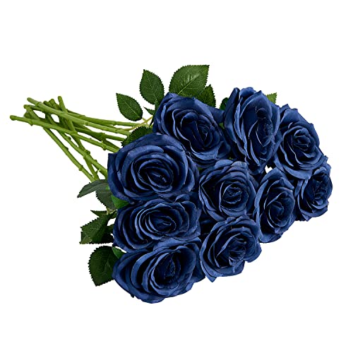 IUKnot Artificial Rose 10pcs Open Flower Bouquet Navy Blue Faux Rose Stems for Wedding Arrangement Bridal Bouquet Centerpiece Fake Faux Silk Flowers