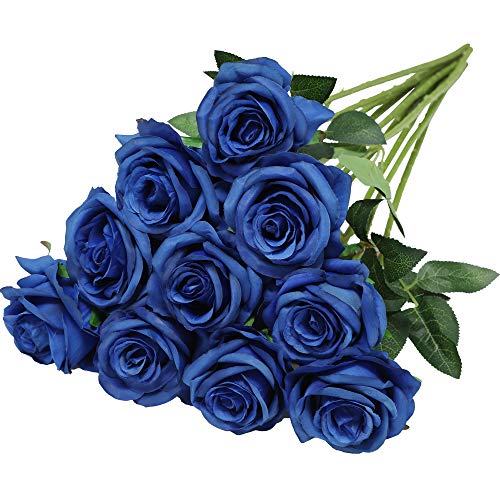 Nubry Artificial Silk Rose Flower Bouquet Lifelike Fake Rose for Wedding Home Party Decoration Event Gift 10pcs (Blue)