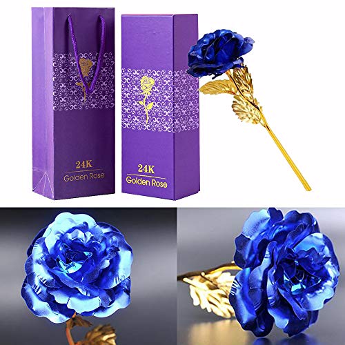 TINYOUTH 24K Forever Rose Blue Rose Gold Dipped Rose 24K Rose Flower with Gift Box and Bag for Lover Mother Friends Christmas Thanksgiving Wedding Anniversary Mothers Day Valentines Day