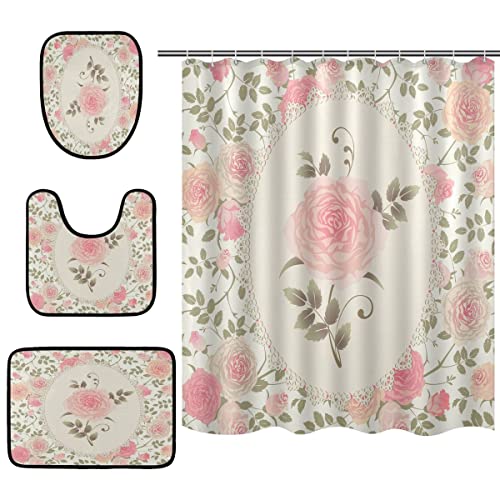 ALAZA Pink Rose Flower Floral Blossom Shower Curtain with 12 Hook Floor Mat NonSlip Rug Bathroom Mat Sets 4 Piece