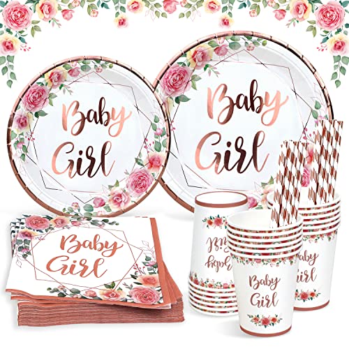 Baby Shower Plates and Napkins Girl 25 Servings with Floral Baby Girl Paper Plates Napkins Cups Straws Rose Gold Tableware Set for Girl Baby Shower Decorations Tea Party Supplies 125 Pieces