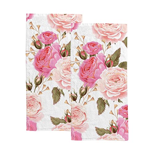 Face Towels Hand Towels Set of 2 English Roses Elegant Floral Pink Comfortable Soft Polyester Microfiber Bath Towel for Home Hotel Bathroom 15 x 30 Inch