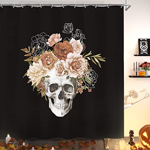 Godimerhea Halloween Shower Curtains for Bathroom Skull Rose Horror Scary Sugar Black Gothic Cute Skeleton Floral Home Decor Waterproof Polyester Fabric 72×72 Inch