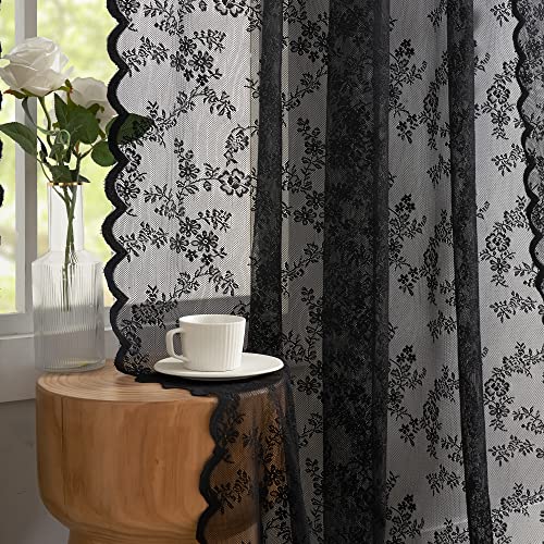 KPWACD Black Lace Curtain Panels for Living Room Wedding Rose Floral Knitted Sheer Lace Curtains Rod Pocket Privacy Protect Breathable Window Treatment Sets for Office Studio 56 W x 95  L 2pcs