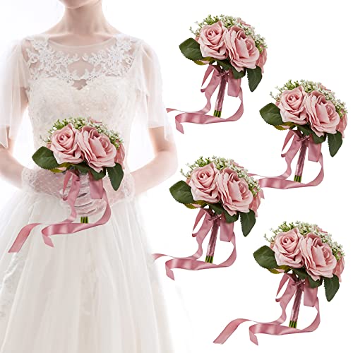 Meldel Bridesmaid Bouquets for Wedding Set of 4 65 Inch Wedding Bouquets for Bridesmaids Small Bridesmaid Bouquet Set Rose Artificial Wedding Bouquet Flower Floral Wedding Centerpieces