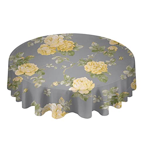 Vandarllin Yellow Flowers Round Tablecloth Roses Floral Gray Backdrop Waterproof Oil Proof Polyester Table Cloth Cover Decor for Home Dining OutdoorParties60 inch